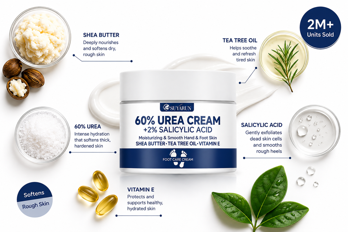 SUYARUN Cream Jar ingredients: shea butter, tea tree oil, 60% urea, salicylic acid, vitamin E