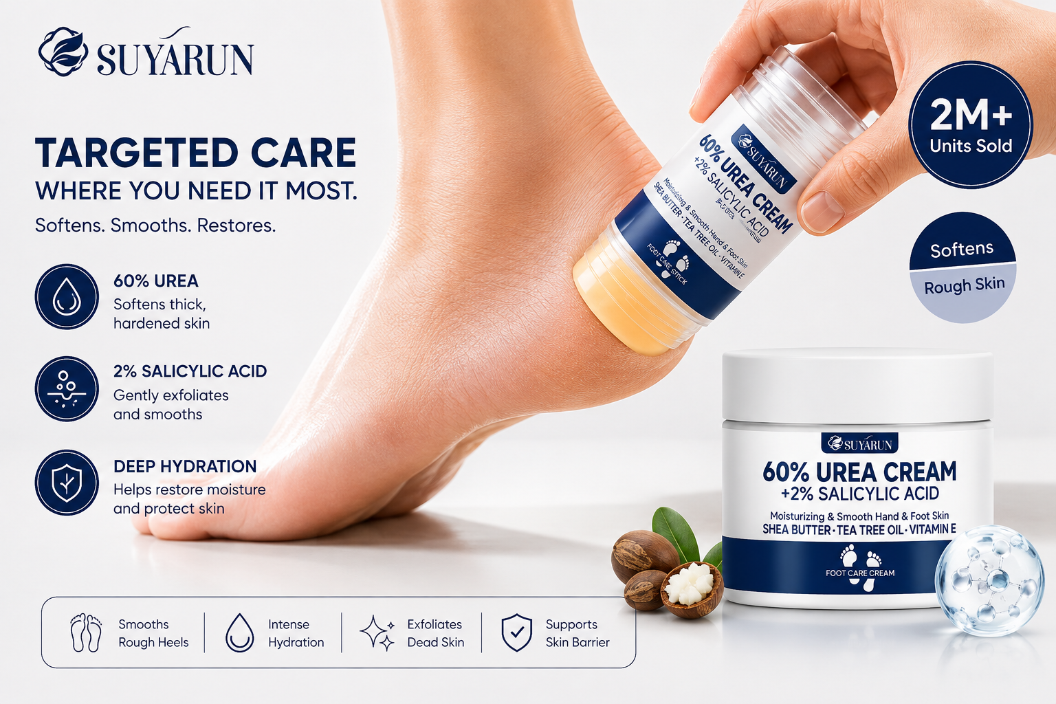 Applying SUYARUN stick and jar to heel - targeted foot care